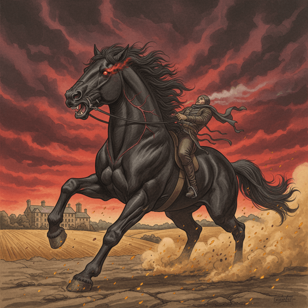 A rider gripping the mane of a powerful dark stallion charging through a valley at dusk