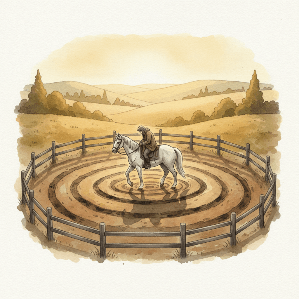 A pale horse walking a worn circular path in a fenced paddock, vast landscape beyond