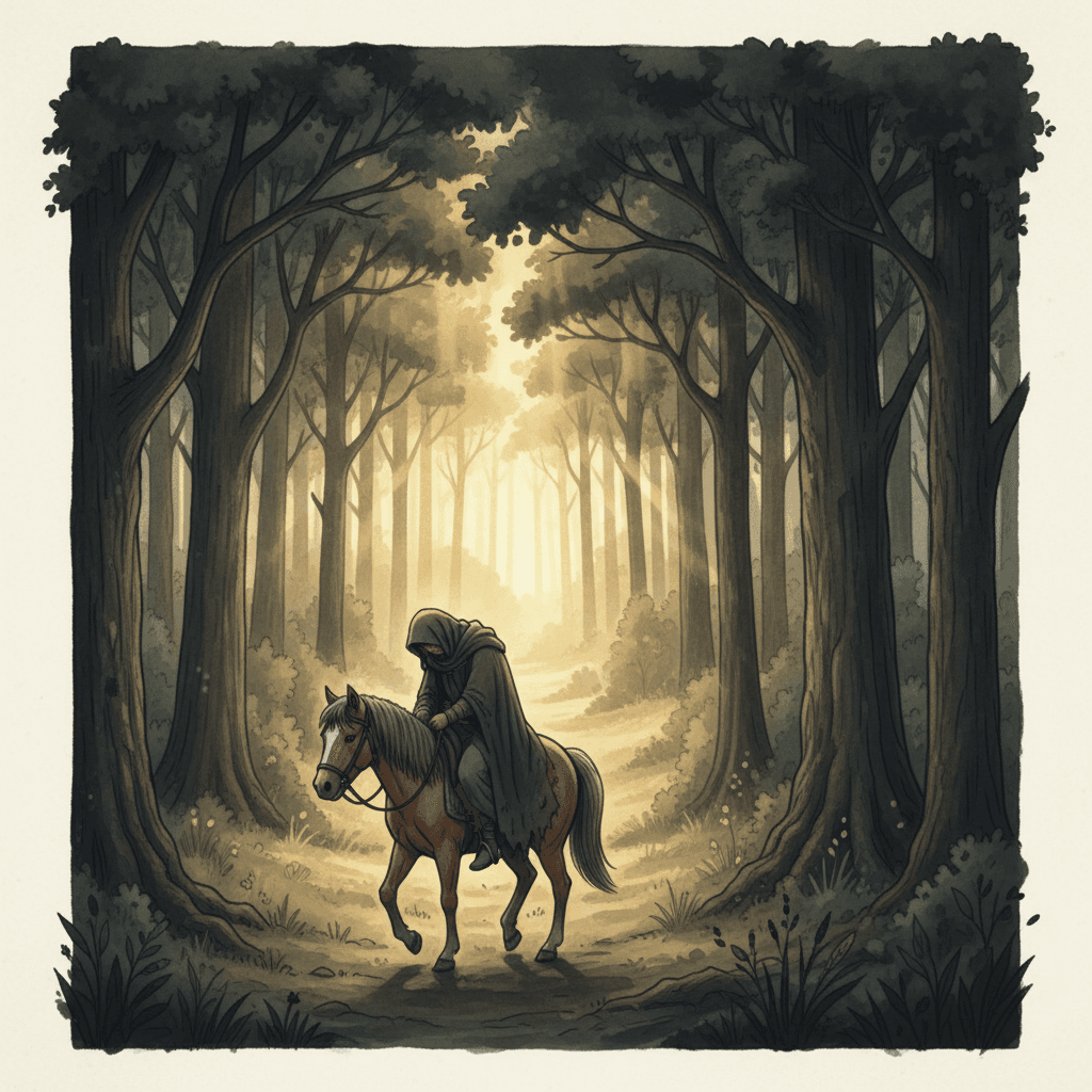 A rider on a quiet horse moving into darkening forest, golden light behind them