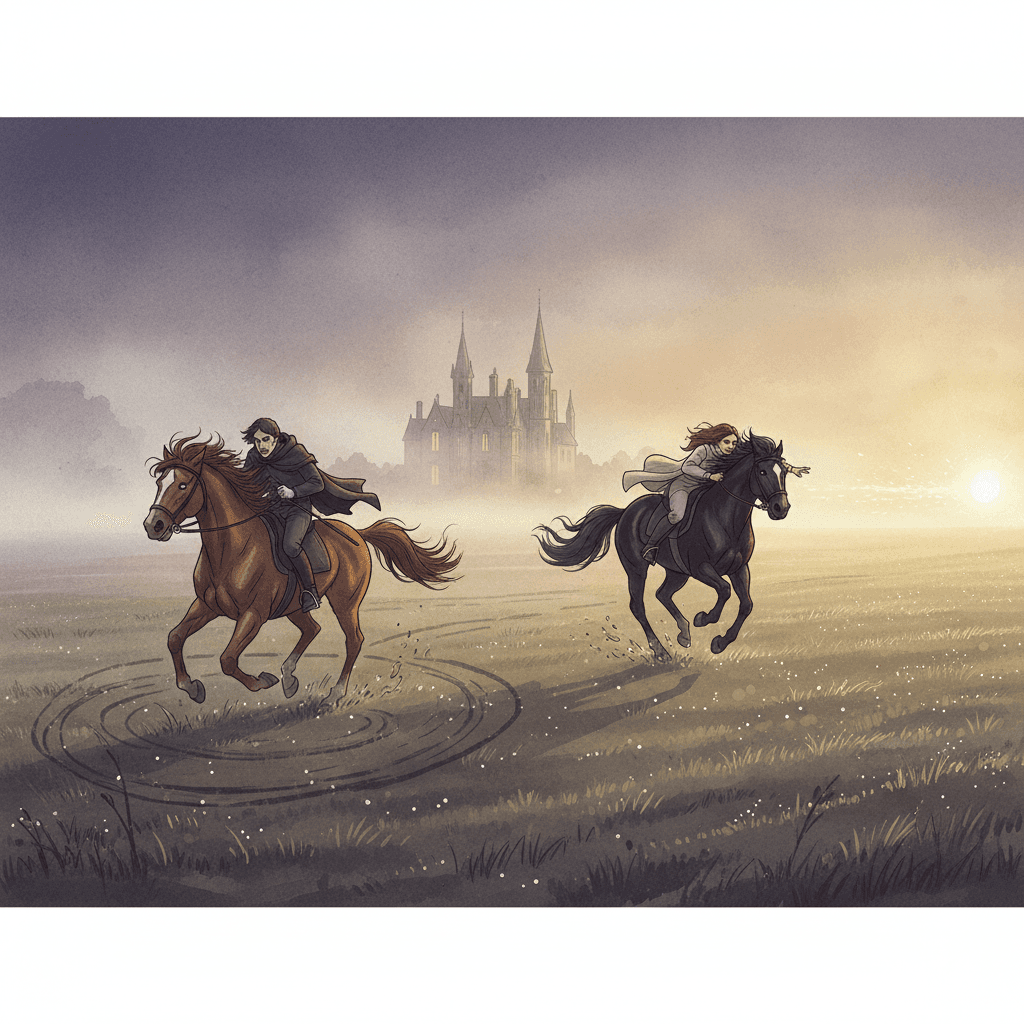 Two horses in a misty field, one spiraling in circles, one chasing a receding golden light