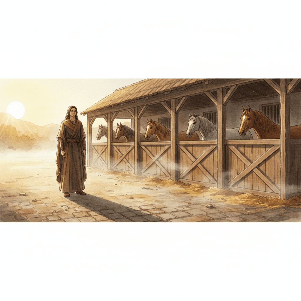 A figure standing still at dawn in a stable courtyard, horses resting calmly