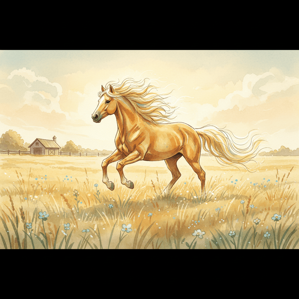 A spirited horse running freely across an open sunlit meadow, mane flowing, wildflowers in the grass