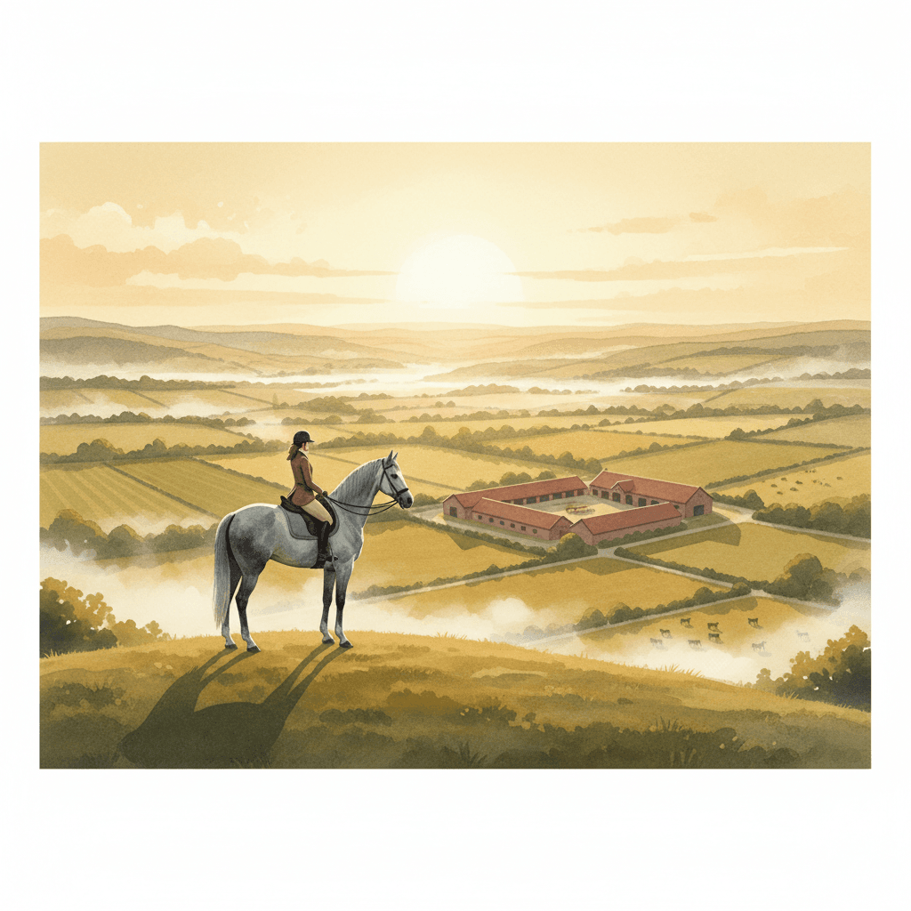A rider on a calm horse standing on a hilltop at sunrise, gazing over the entire estate below