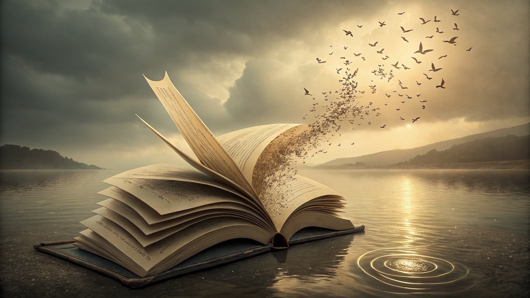 A book resting on still water, its pages dissolving into golden light and birds taking flight, with spiral ripples forming below