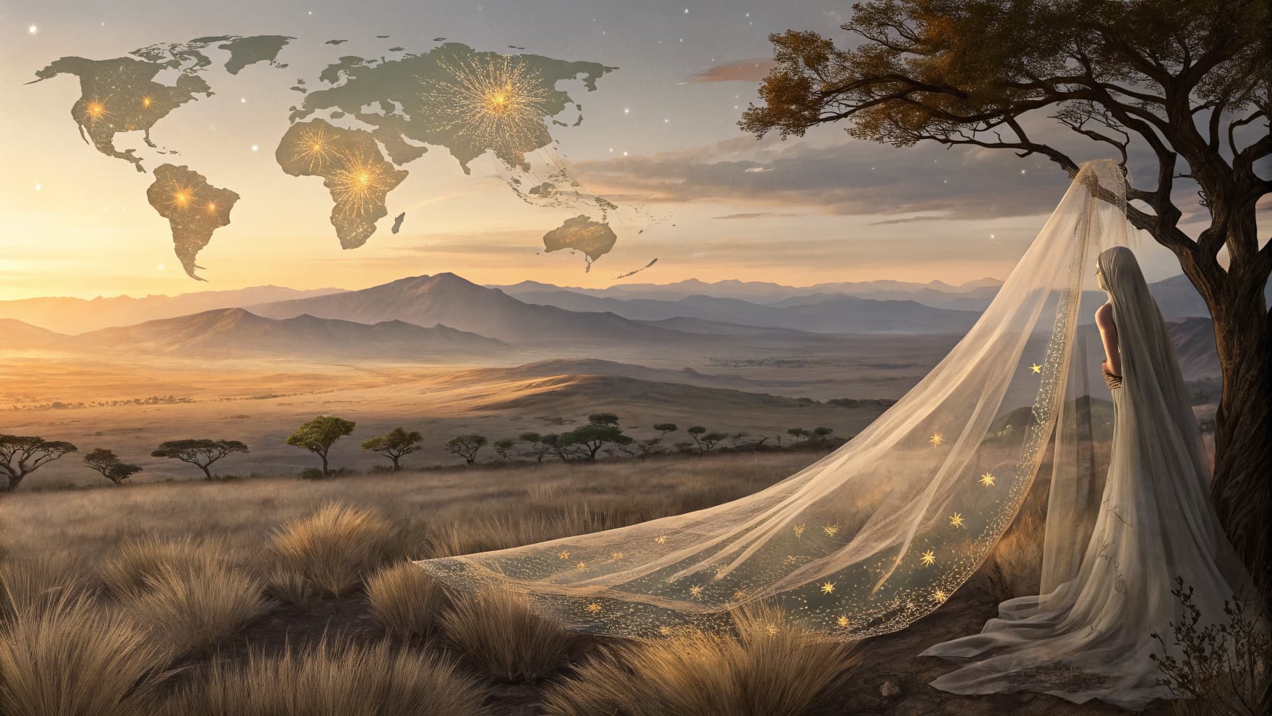 A veiled figure standing in a vast golden landscape at dawn, looking through a translucent curtain toward luminous geometric patterns in the sky