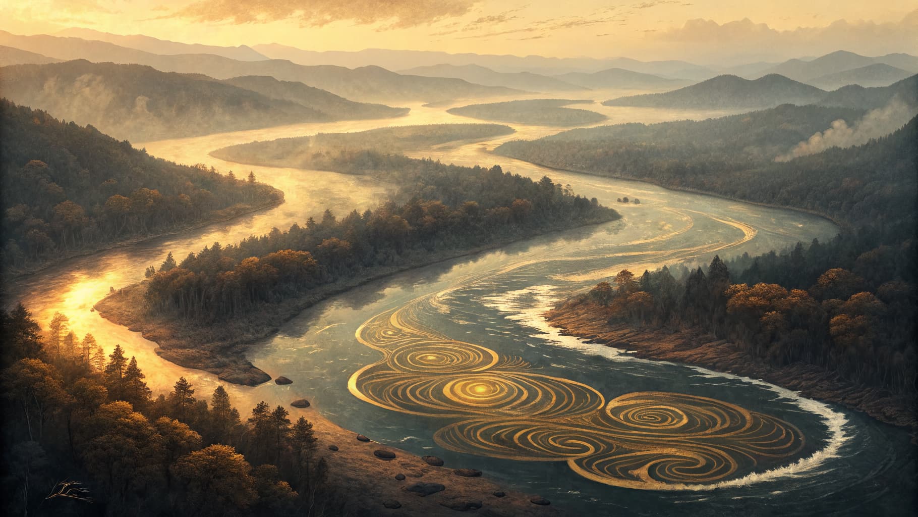 An aerial view of a winding river through misty valleys at golden hour, with luminous spiral patterns glowing in the water