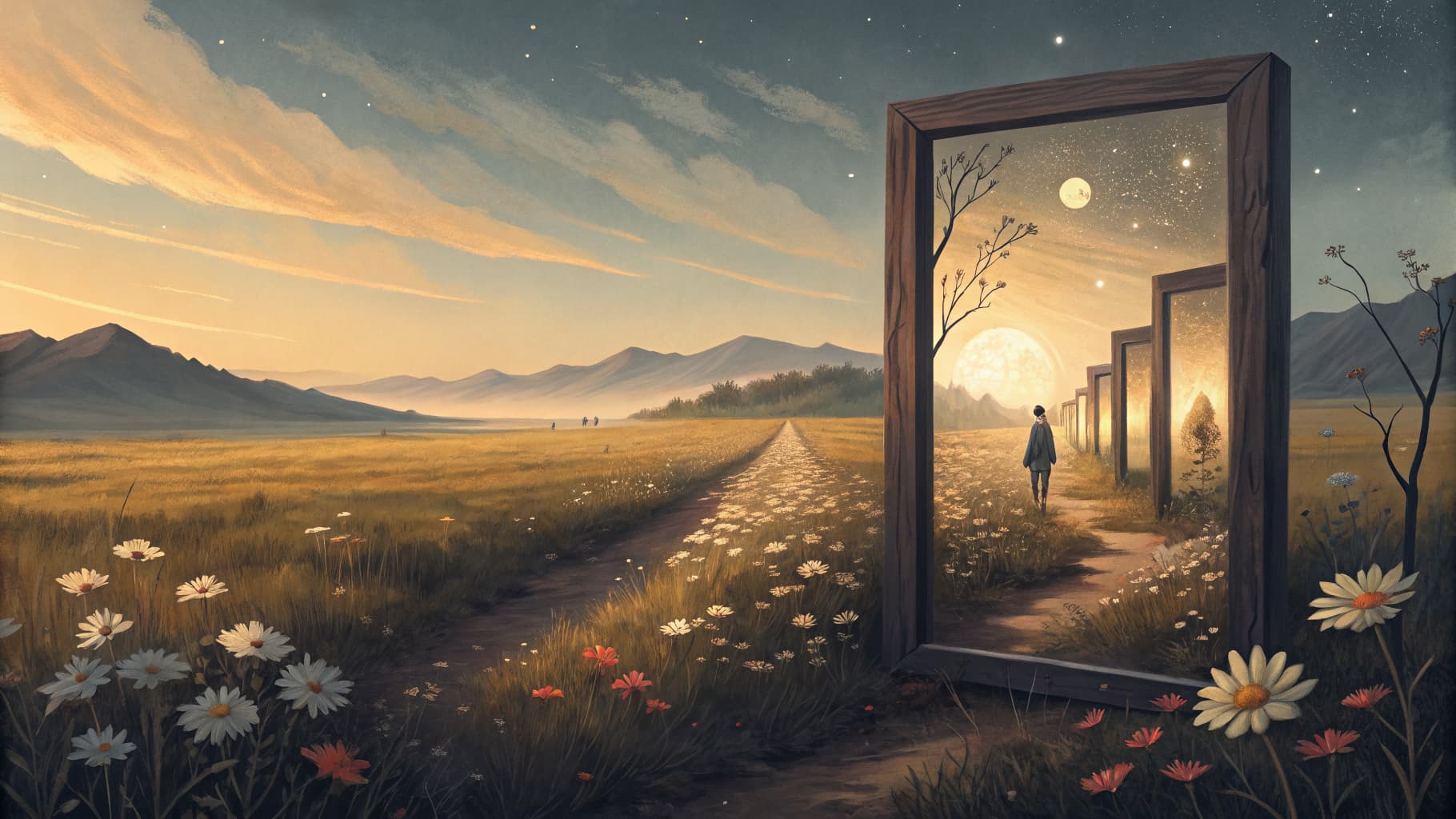 Standing mirrors in a wildflower field at twilight, creating an infinite corridor of reflections, each showing the landscape slightly differently
